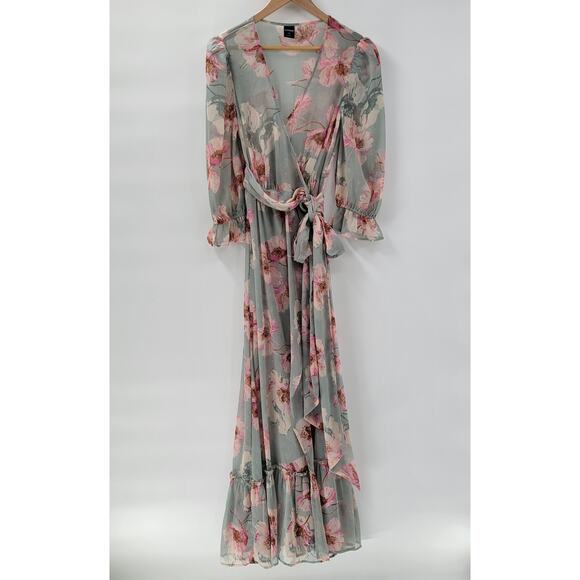 Express Wrap Dress Womens S/M Green Floral Watercolor Sheer Tiered Long Maxi - Picture 1 of 16